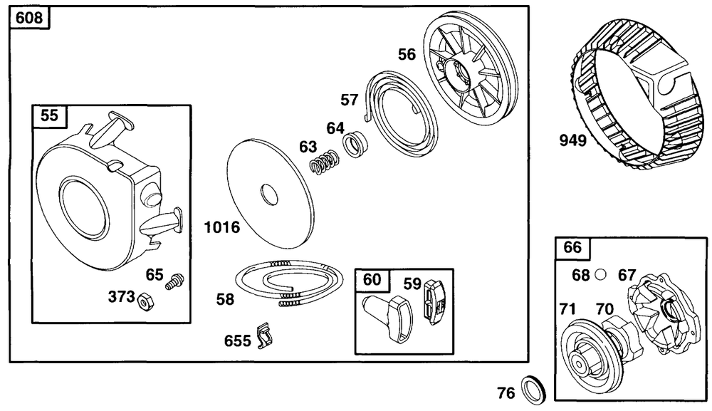 Rewind Starter Diagram and Parts List for 255707-0124-XX  Briggs and Stratton Engine